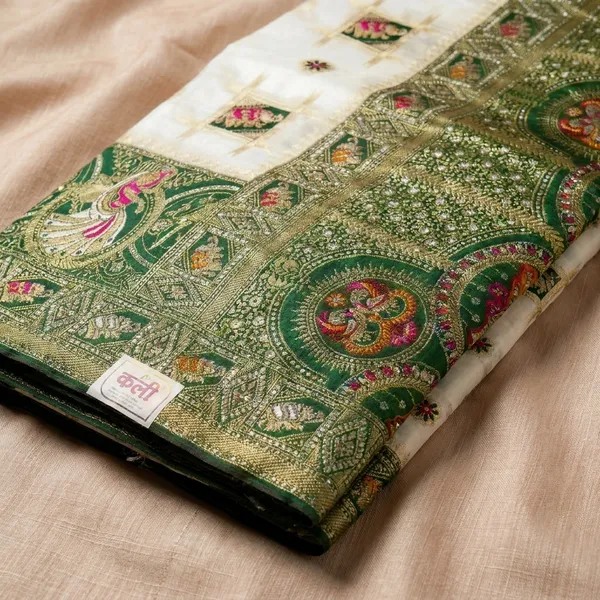 White_Green_Banarasi_Silk_Contrast_Border_Swarovski_Saree_For_Women