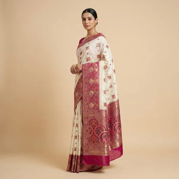 White_Purple_Banarasi_Silk_Contrast_Border_Swarovski_Saree_For_Women