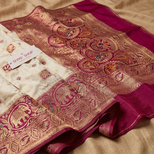 White_Purple_Banarasi_Silk_Contrast_Border_Swarovski_Saree_For_Women