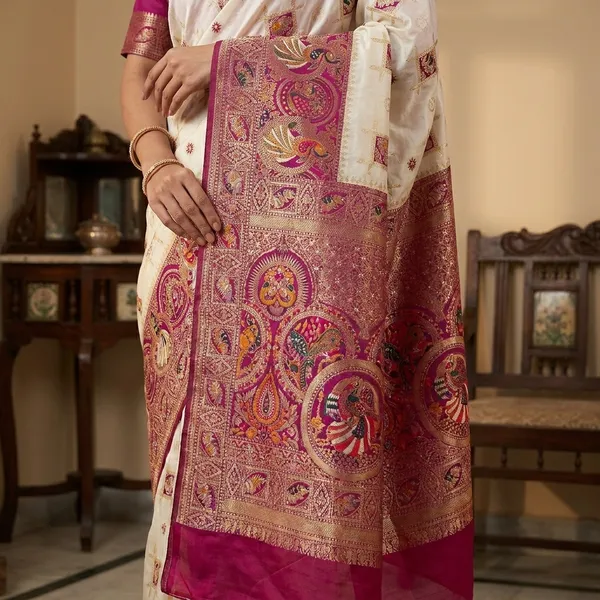 White_Purple_Banarasi_Silk_Contrast_Border_Swarovski_Saree_For_Women