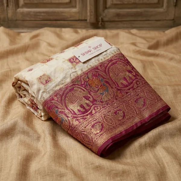 White_Purple_Banarasi_Silk_Contrast_Border_Swarovski_Saree_For_Women