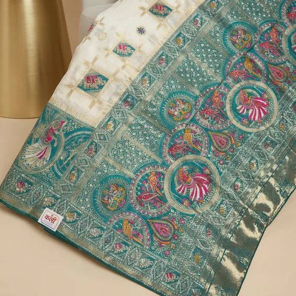 White_Sky_Blue_Banarasi_Silk_Contrast_Border_Swarovski_Saree_For_Women