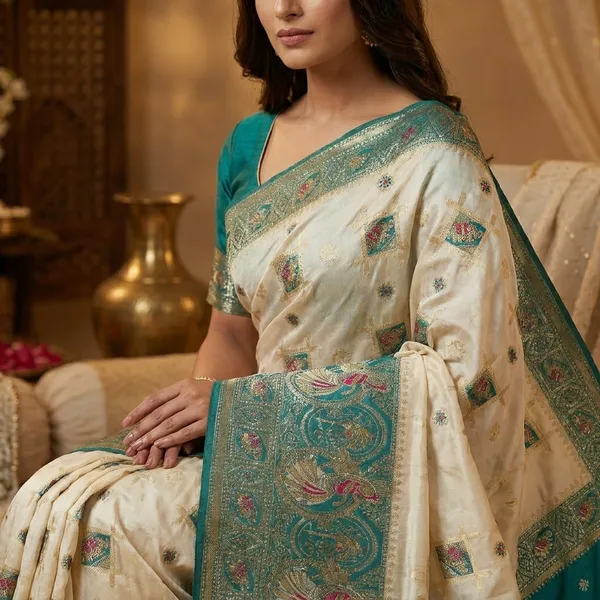 White_Sky_Blue_Banarasi_Silk_Contrast_Border_Swarovski_Saree_For_Women