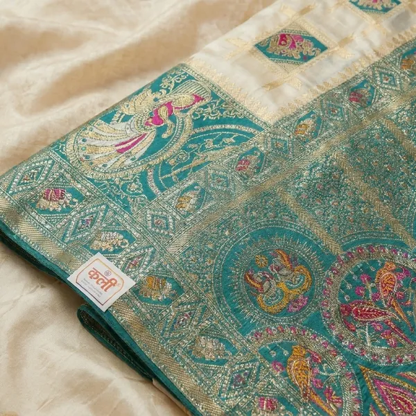 White_Sky_Blue_Banarasi_Silk_Contrast_Border_Swarovski_Saree_For_Women