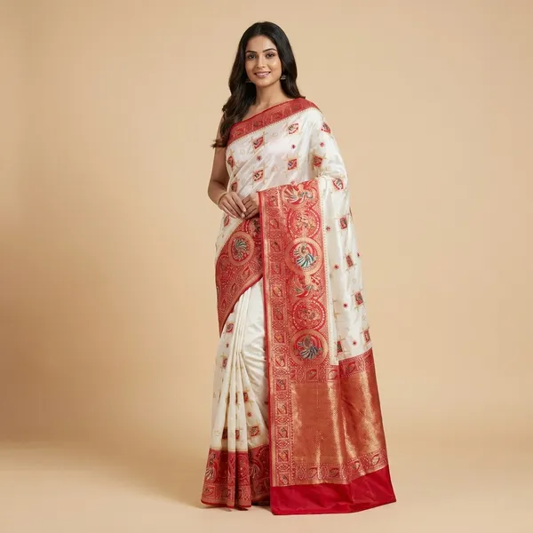 White_Pink_Banarasi_Silk_Contrast_Border_Swarovski_Saree_For_Women