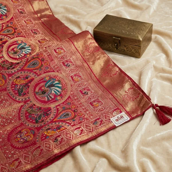 White_Pink_Banarasi_Silk_Contrast_Border_Swarovski_Saree_For_Women