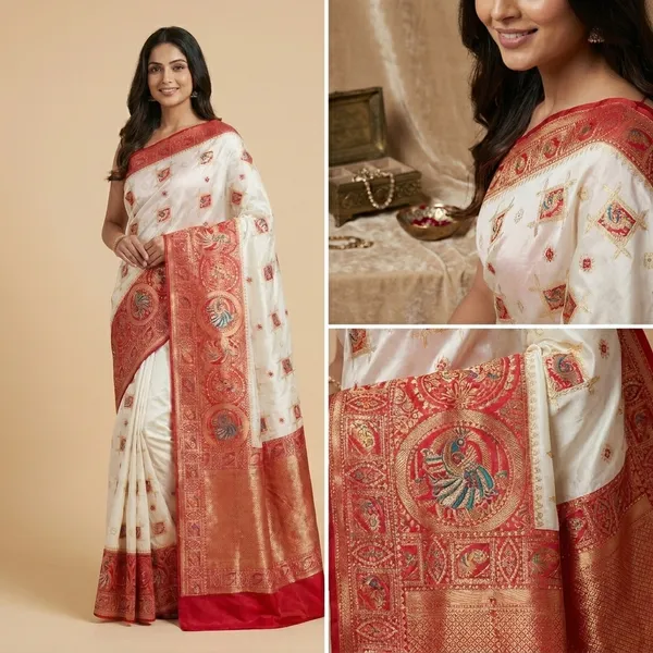 White_Pink_Banarasi_Silk_Contrast_Border_Swarovski_Saree_For_Women