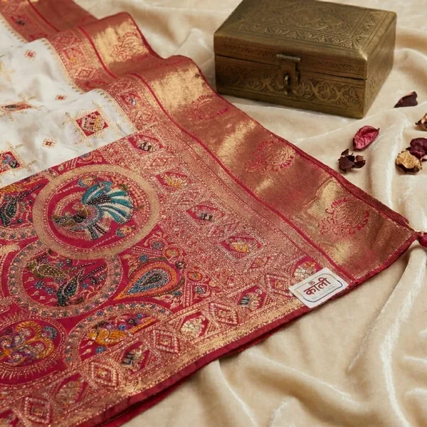 White_Pink_Banarasi_Silk_Contrast_Border_Swarovski_Saree_For_Women