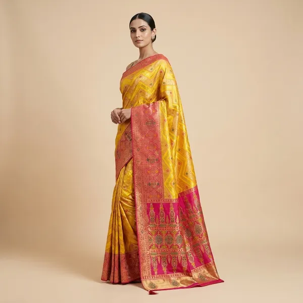 Yellow_Red_Banarasi_Silk_Contrast_Border_Swarovski_Saree_For_Women