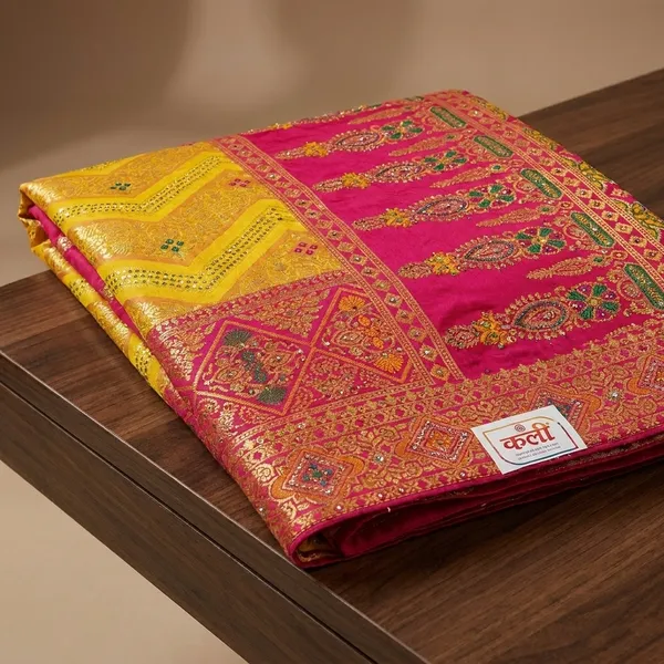 Yellow_Red_Banarasi_Silk_Contrast_Border_Swarovski_Saree_For_Women