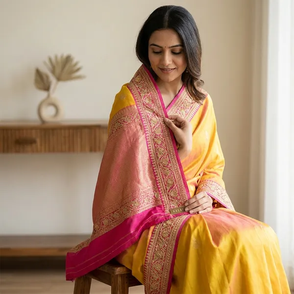 Yellow_Red_Banarasi_Silk_Contrast_Border_Swarovski_Saree_For_Women