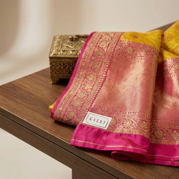 Yellow_Red_Banarasi_Silk_Contrast_Border_Swarovski_Saree_For_Women