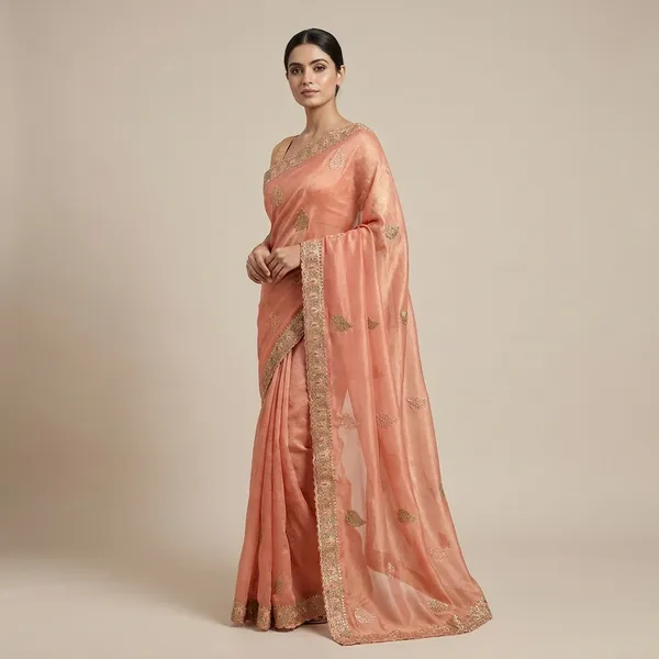 Peach_Russian_Tissue_Silk_Golden_Zari_Border_Saree_For_Women