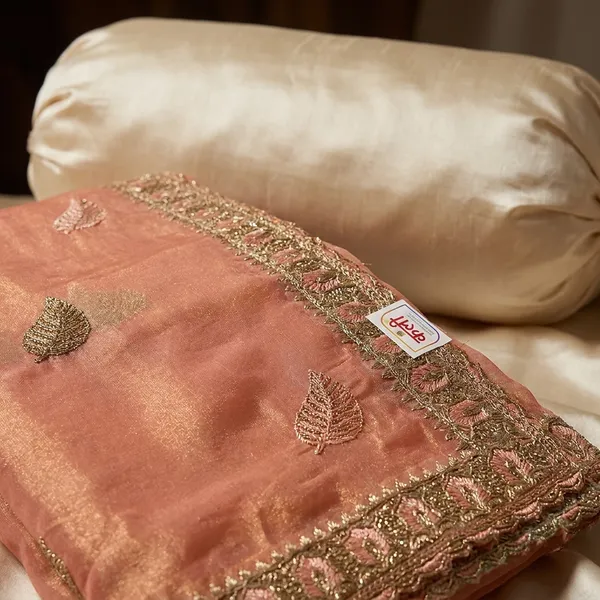Peach_Russian_Tissue_Silk_Golden_Zari_Border_Saree_For_Women