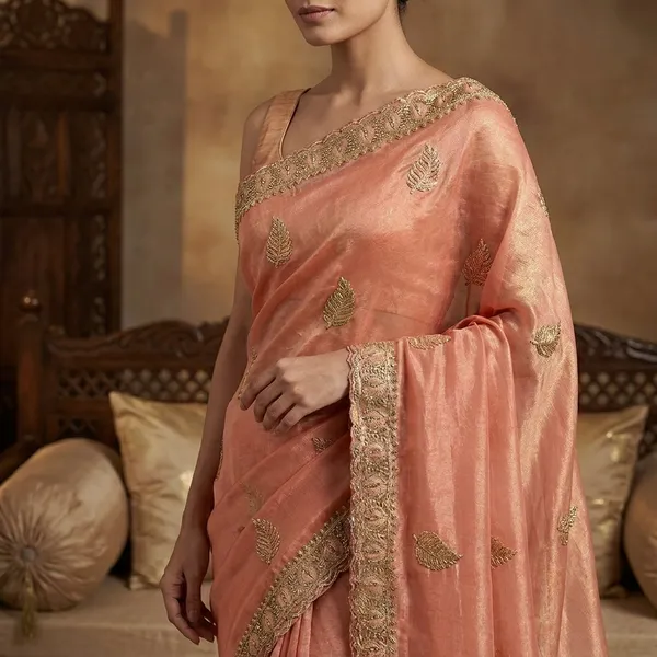 Peach_Russian_Tissue_Silk_Golden_Zari_Border_Saree_For_Women