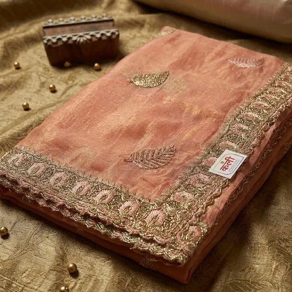 Peach_Russian_Tissue_Silk_Golden_Zari_Border_Saree_For_Women