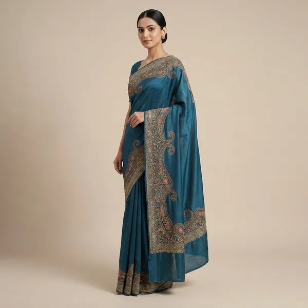 Blue_Mulberry_Satin_Kashmiri_Resham_Embroidered_Saree_For_Women