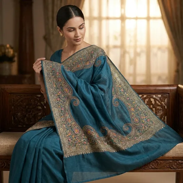Blue_Mulberry_Satin_Kashmiri_Resham_Embroidered_Saree_For_Women