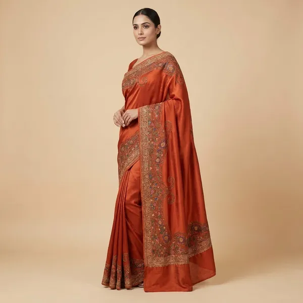 Orange_Mulberry_Satin_Kashmiri_Resham_Embroidered_Saree_For_Women
