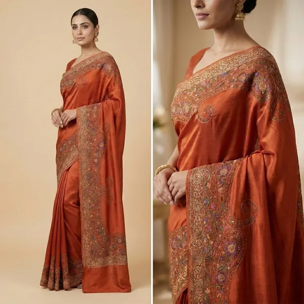 Orange_Mulberry_Satin_Kashmiri_Resham_Embroidered_Saree_For_Women