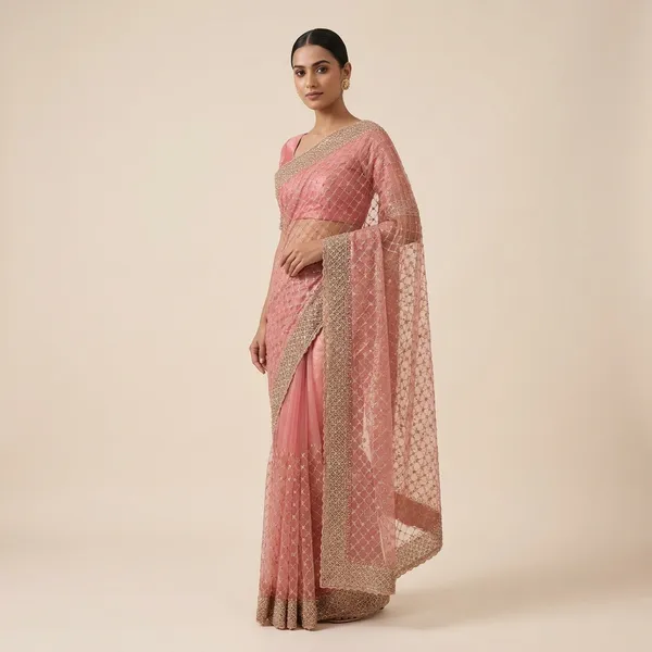 Peach_Shimmer_Net_Zari_Embroidered_Zarkan_Saree_For_Women