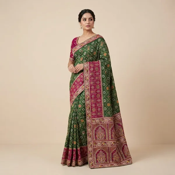 Pink_Green_Vichitra_Cotton_Silk_Gujarati_Embroidered_Saree_For_Women