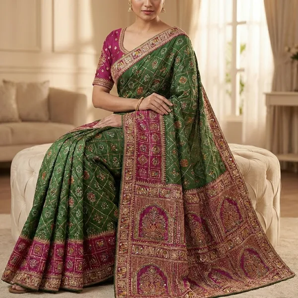 Pink_Green_Vichitra_Cotton_Silk_Gujarati_Embroidered_Saree_For_Women