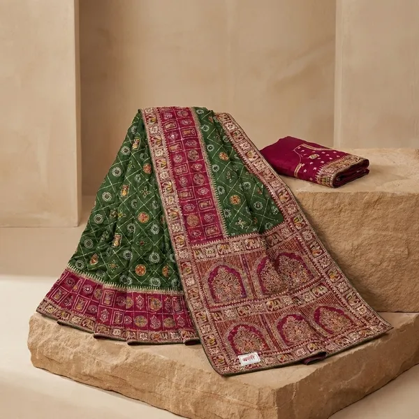 Pink_Green_Vichitra_Cotton_Silk_Gujarati_Embroidered_Saree_For_Women