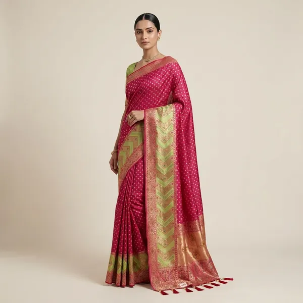 Green_Pink_Banarasi_Silk_Contrast_Border_Swarovski_Saree_For_Women