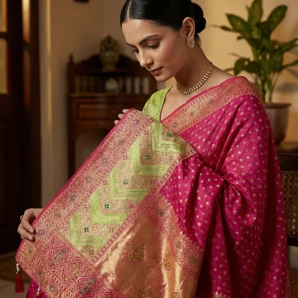 Green_Pink_Banarasi_Silk_Contrast_Border_Swarovski_Saree_For_Women