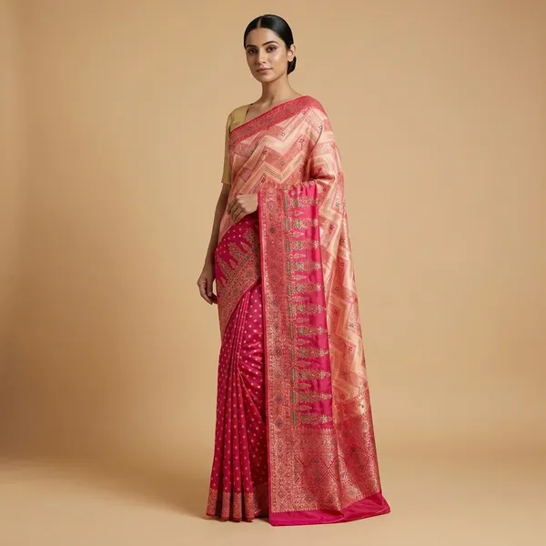 Peach_And_Dark_Pink_Banarasi_Silk_Traditional_Embroidered_Border_Saree_For_Women