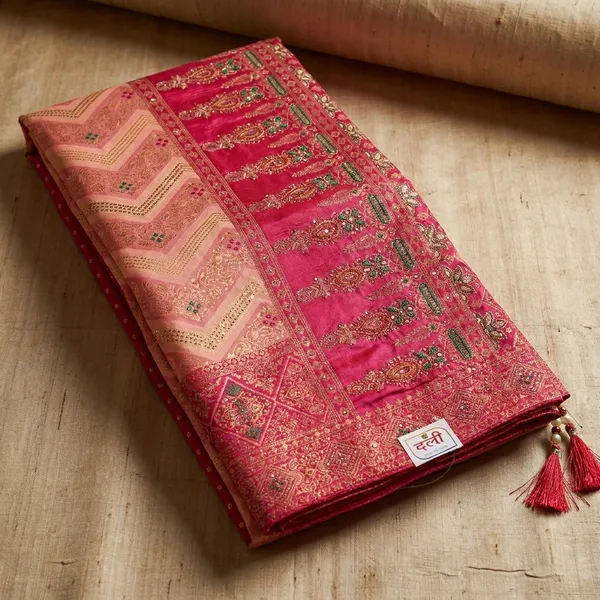 Peach_And_Dark_Pink_Banarasi_Silk_Traditional_Embroidered_Border_Saree_For_Women