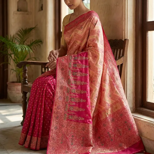 Peach_And_Dark_Pink_Banarasi_Silk_Traditional_Embroidered_Border_Saree_For_Women