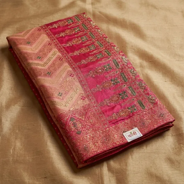 Peach_And_Dark_Pink_Banarasi_Silk_Traditional_Embroidered_Border_Saree_For_Women