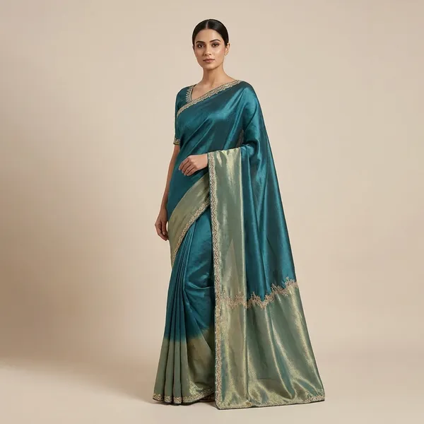 Navy_Blue_Banarasi_Tissue_Silk_Silver_Zarkan_Saree_For_Women