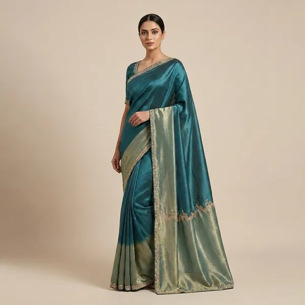 Navy_Blue_Banarasi_Tissue_Silk_Silver_Zarkan_Saree_For_Women