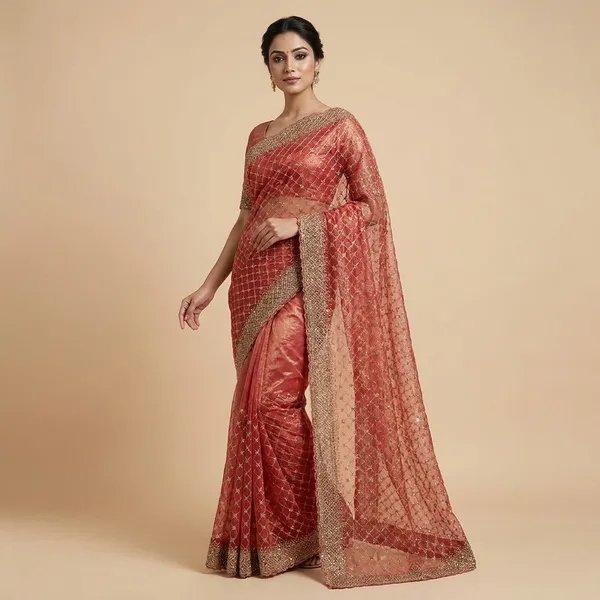 Orange_Peach_Shimmer_Net_Zari_Embroidered_Zarkan_Saree_For_Women