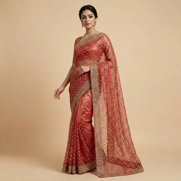 Orange_Peach_Shimmer_Net_Zari_Embroidered_Zarkan_Saree_For_Women
