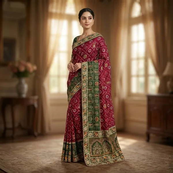 Green_Wine_Vichitra_Cotton_Silk_Gujarati_Embroidered_Saree_For_Women