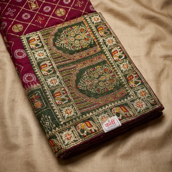 Green_Wine_Vichitra_Cotton_Silk_Gujarati_Embroidered_Saree_For_Women
