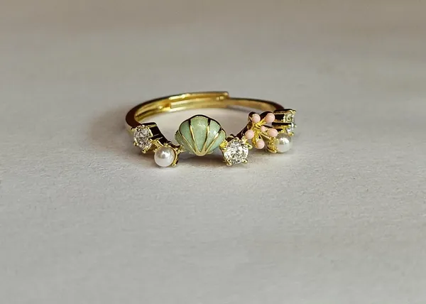 Gold_Tone_Shell_Floral_Charm_Stackable_Ring_For_Women_|_Made_With_Pure_925_Silver