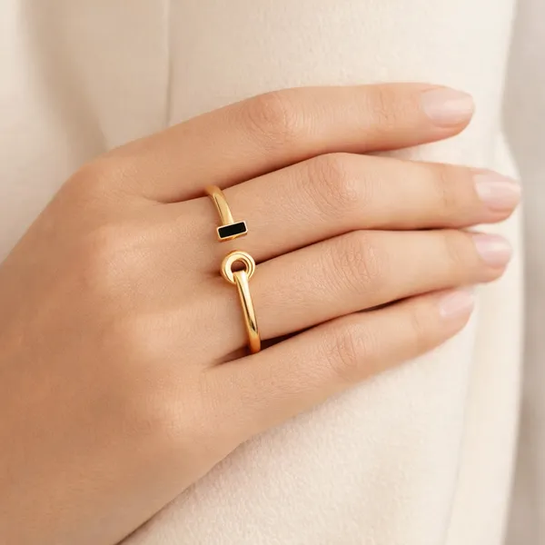 Gold_Black_Enamel_Spiral_Adjustable_Ring_For_Women_|_Made_With_Pure_925_Silver