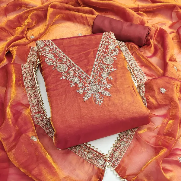 Orange_Floral_Beads_Embroidery_Work_Fendy_Silk_Blend_Dress_Material
