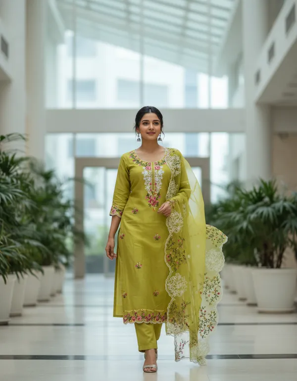 Olive_Green_Chanderi_Cotton_Chikankari_Dress_Material_With_Dupatta