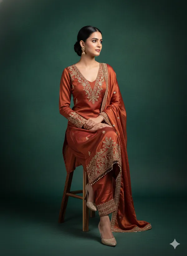 Orange_Floral_Beads_Embroidery_Work_Fendy_Silk_Blend_Dress_Material