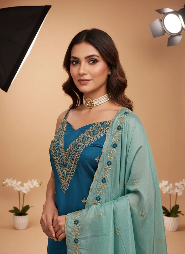 Teal_Blue_Vichitra_Silk_Dress_Material_With_Exquisite_Sequins_And_Zari_Embroideryt_With_Dupatta_For_Women