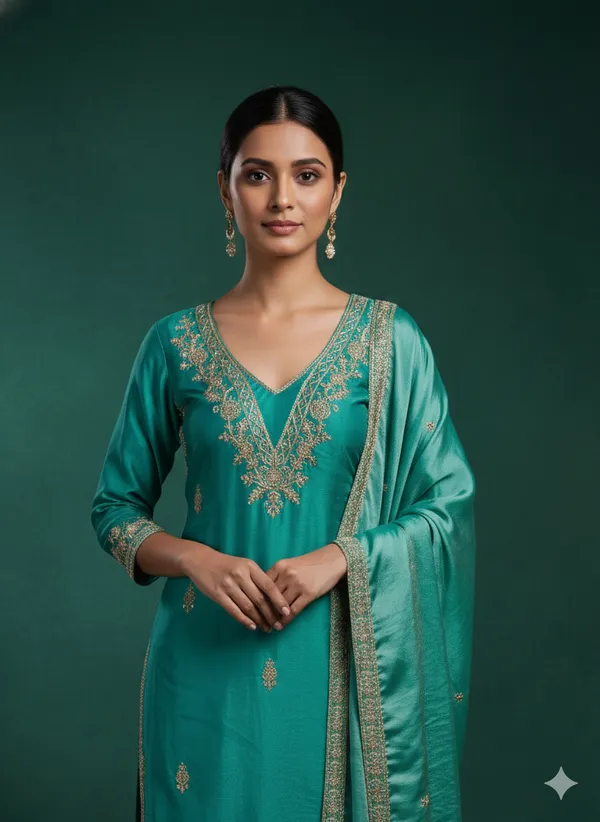 Teal_Green_Floral_Beads_Embroidery_Work_Fendy_Silk_Blend_Dress_Material
