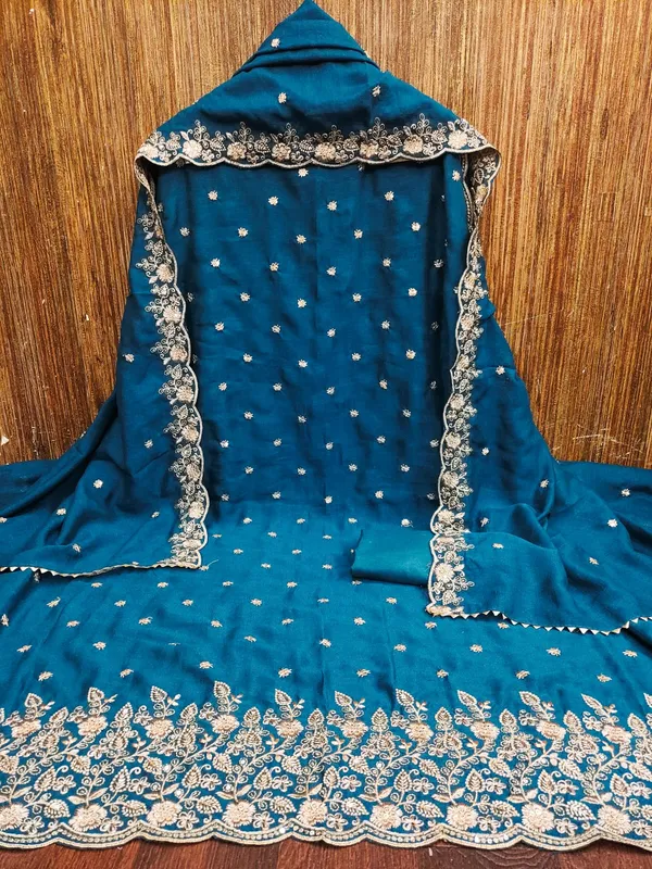 Teal_Blue_Vichitra_Silk_Dress_Material_With_Exquisite_Sequins_And_Zari_Embroidery