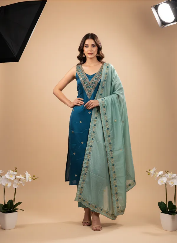 Teal_Blue_Vichitra_Silk_Dress_Material_With_Exquisite_Sequins_And_Zari_Embroideryt_With_Dupatta_For_Women