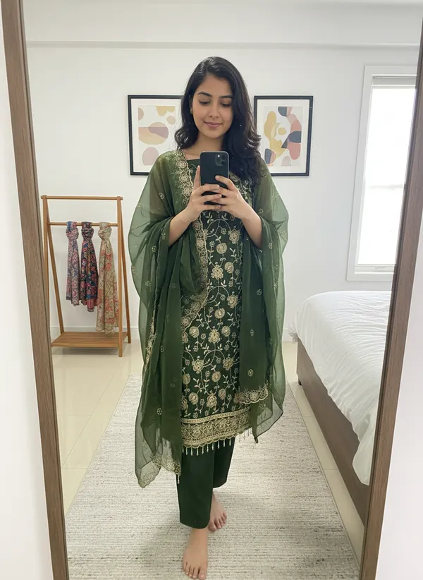 Olive_Green_Silk_Blend_Dress_Material_Featuring_Floral_Embroidery_And_Swarovski_Work